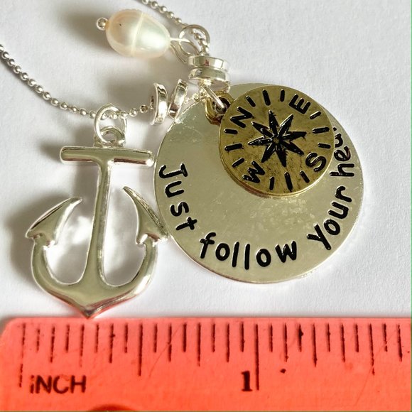Nautical Compass Anchor Pearl Pendant Necklace Silver Plated 19" Freshwater - Picture 11 of 12